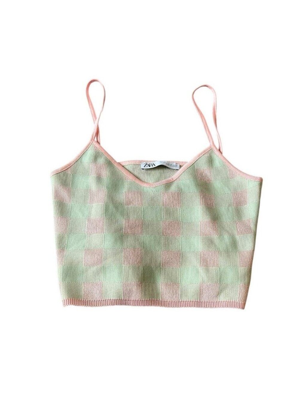 Y2K Zara Green Pink Knit V-Neck Checker Cropped Women's Tank M Streetwear Indie